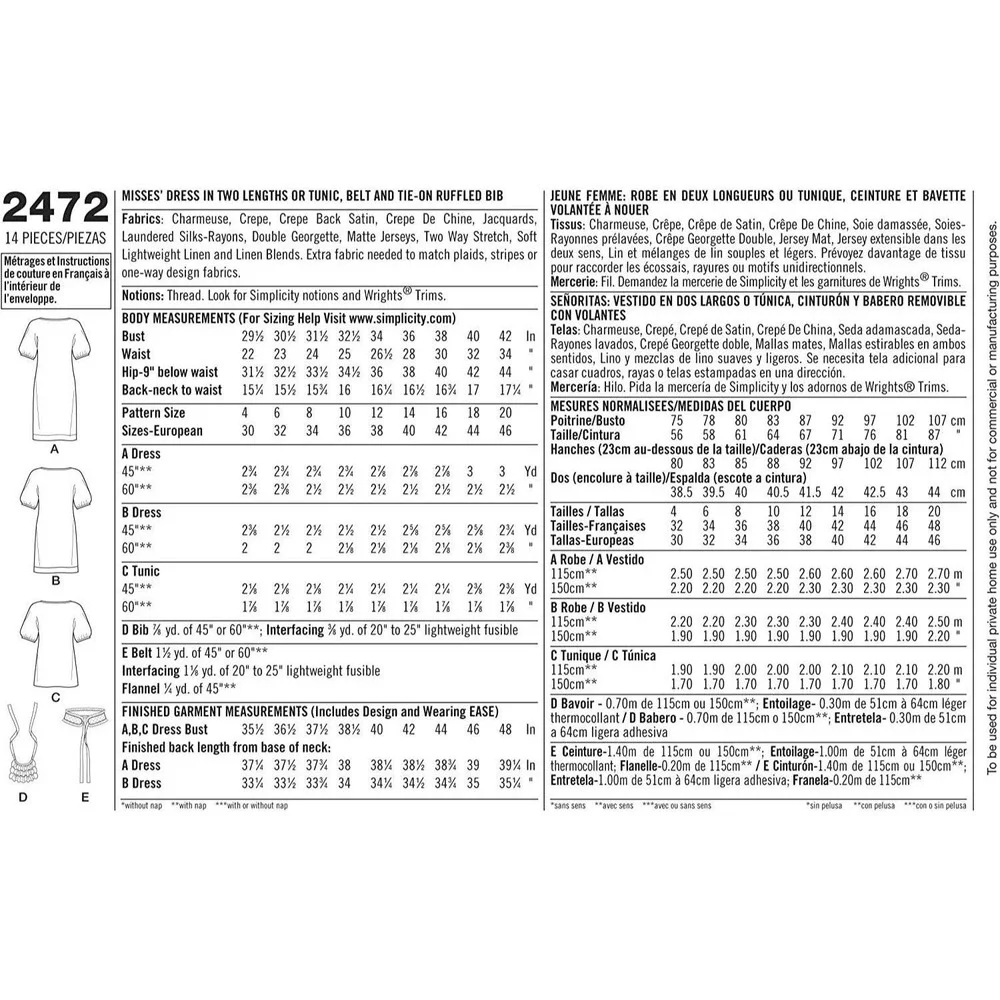 Simplicity Sewing Pattern 2472 Cynthia Rowley Designer Dresses Miss‎ Size 12-20
